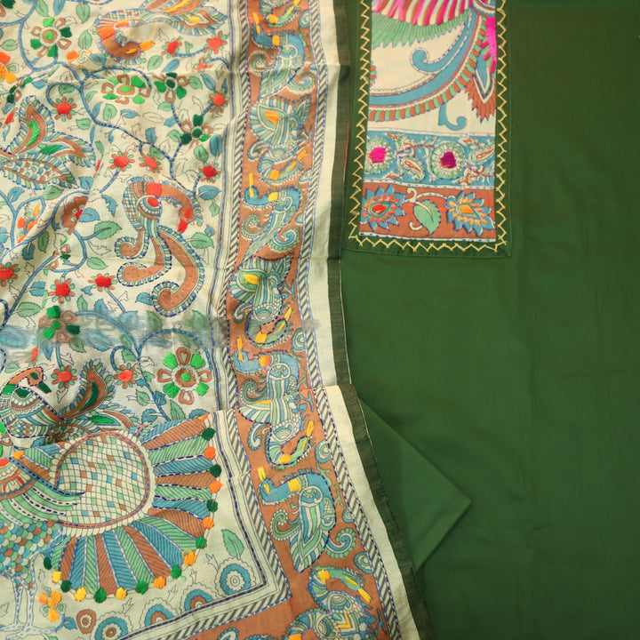Kanya Grass Green Kantha Phulkari Fusion Work Glazed Cotton Suit Set
