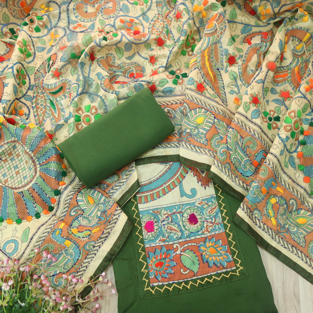 Kanya Grass Green Kantha Phulkari Fusion Work Glazed Cotton Suit Set