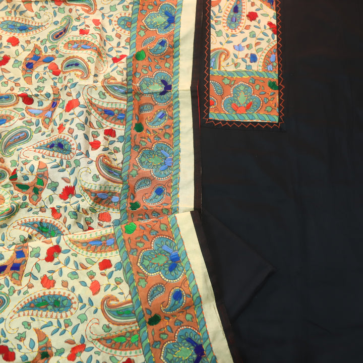 Kanya Deep Black Kantha Phulkari Fusion Work Glazed Cotton Suit Set