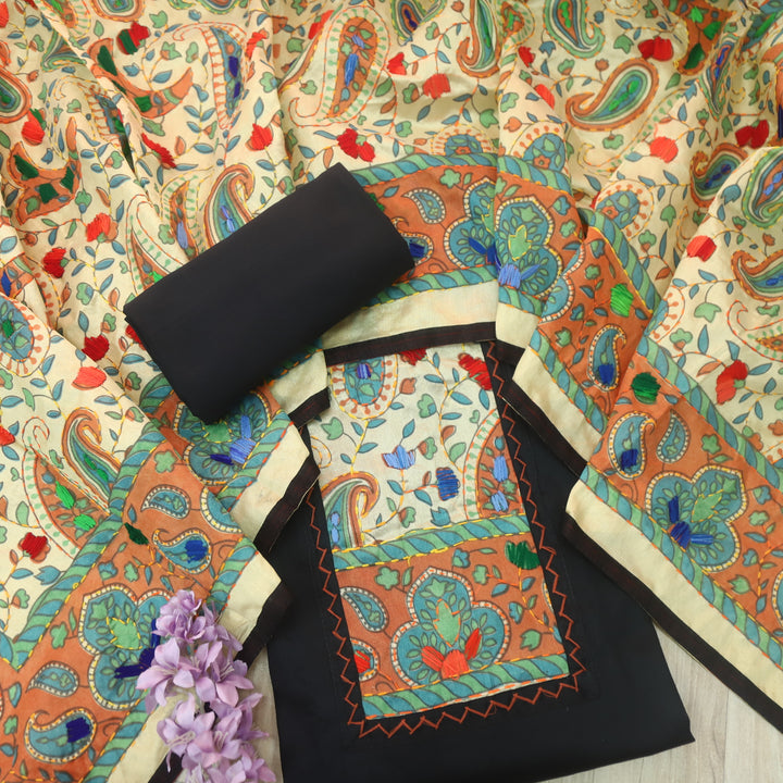 Kanya Deep Black Kantha Phulkari Fusion Work Glazed Cotton Suit Set