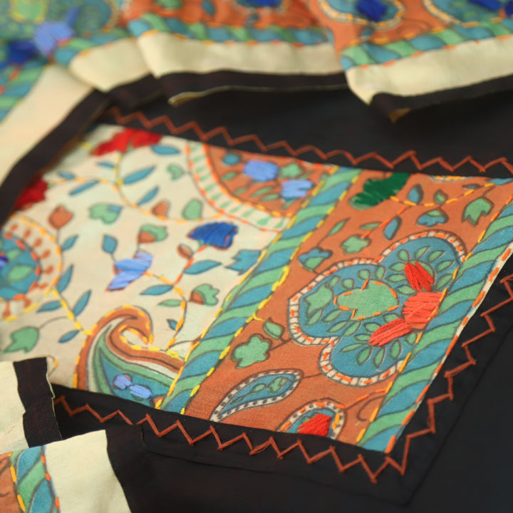 Kanya Deep Black Kantha Phulkari Fusion Work Glazed Cotton Suit Set