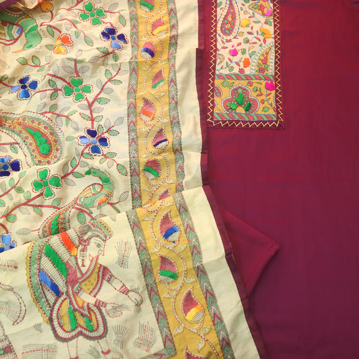 Kanya Fancy Purple Kantha Phulkari Fusion Work Glazed Cotton Suit Set