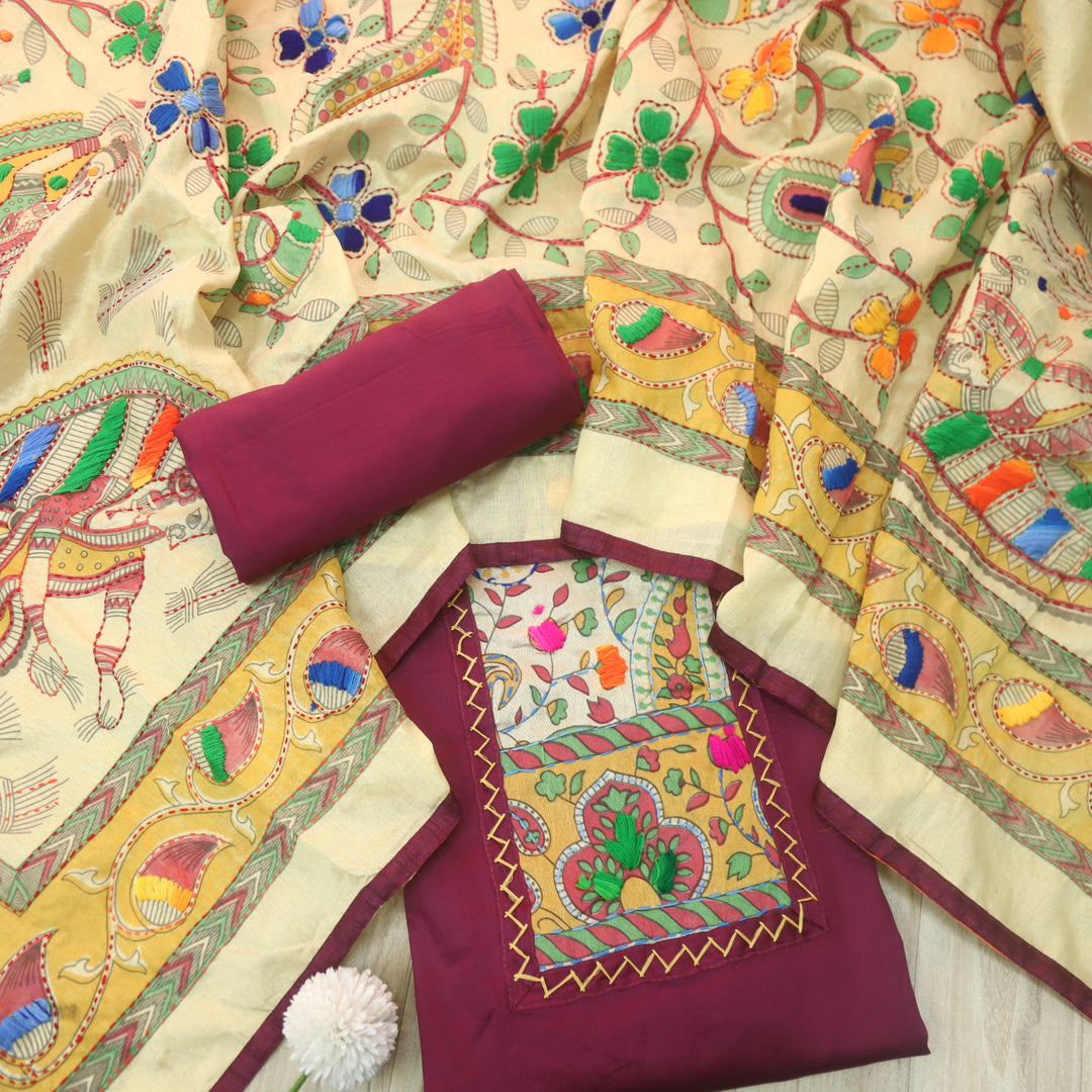 Kanya Fancy Purple Kantha Phulkari Fusion Work Glazed Cotton Suit Set