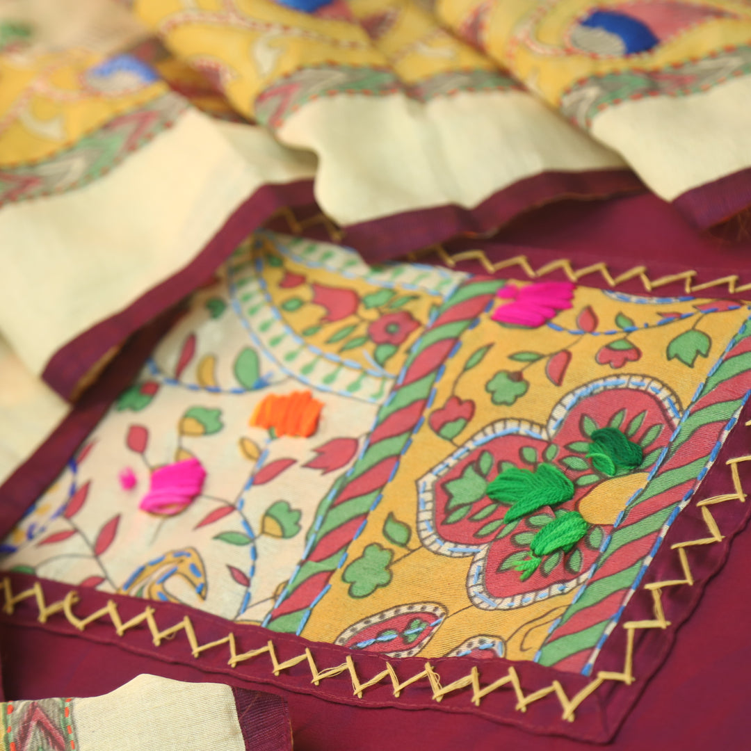 Kanya Fancy Purple Kantha Phulkari Fusion Work Glazed Cotton Suit Set