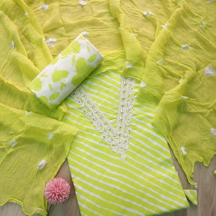 Rahi Neon Green V Neck Embellish Moti Work In leheriya Print Cotton Suit Set