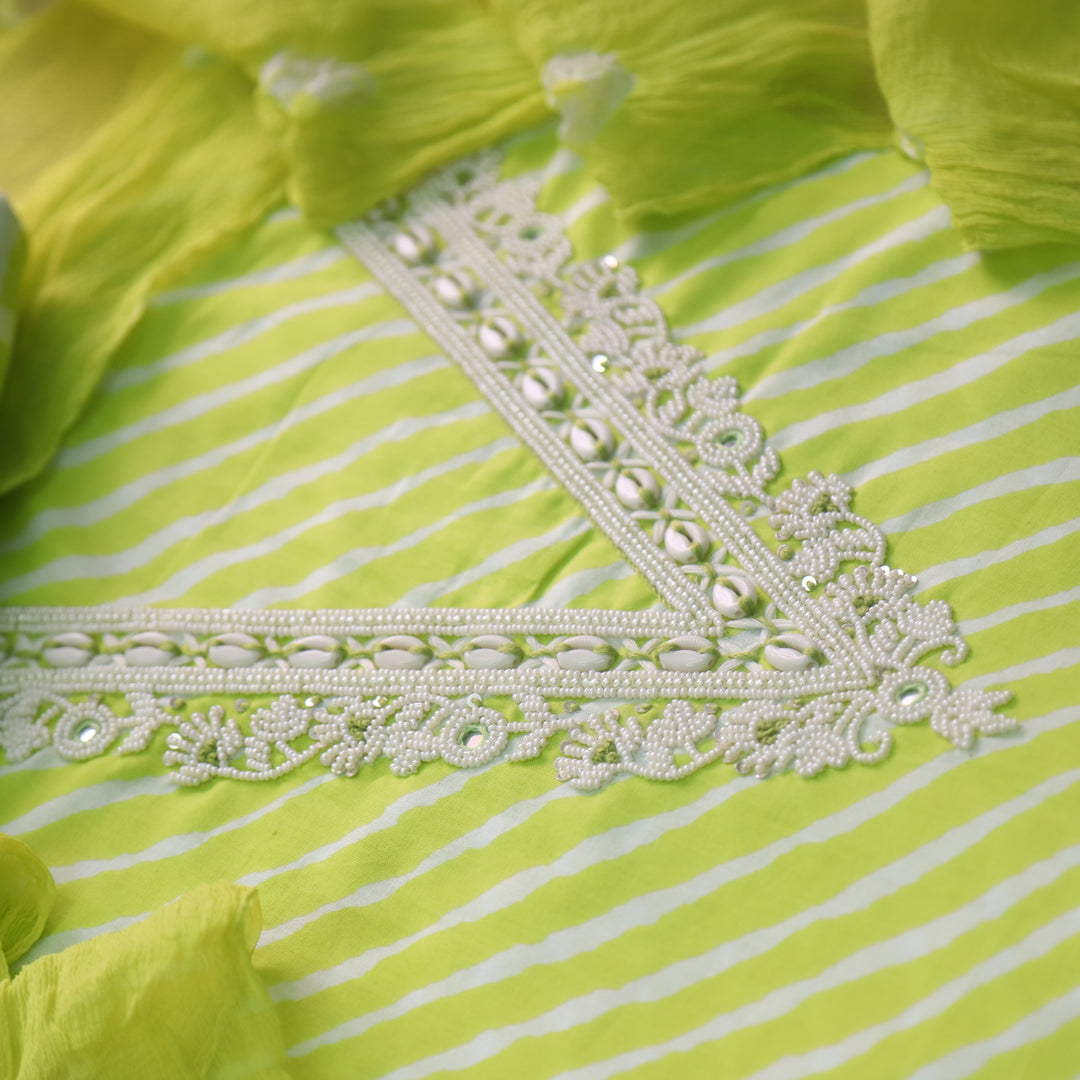 Rahi Neon Green V Neck Embellish Moti Work In leheriya Print Cotton Suit Set