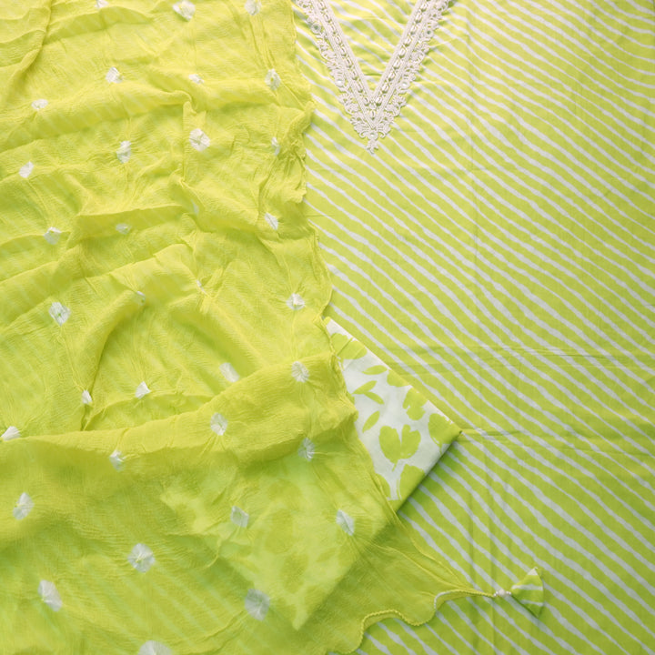 Rahi Neon Green V Neck Embellish Moti Work In leheriya Print Cotton Suit Set