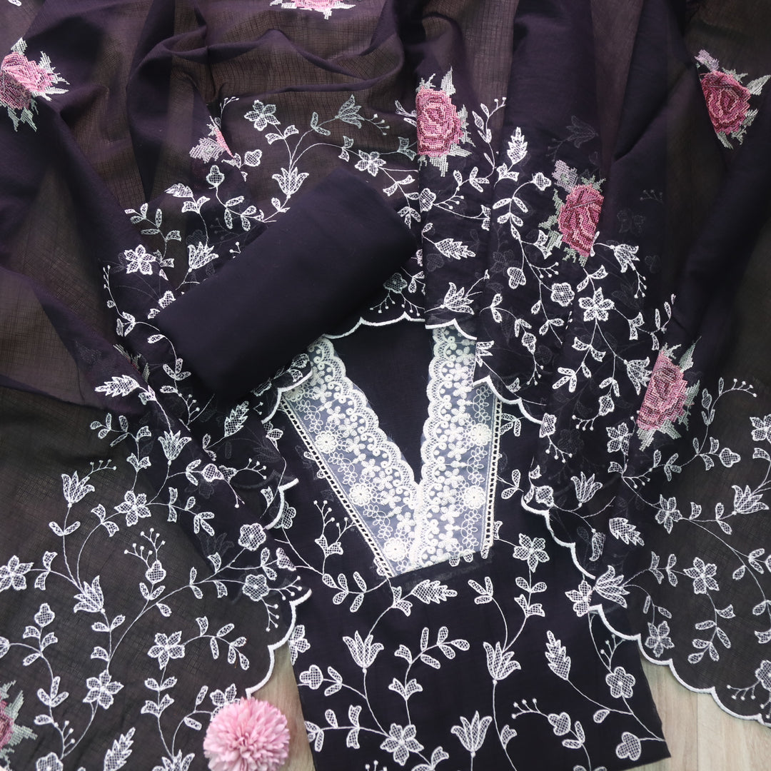 Rahi Deep Black All Over Thread Work with V Neck Kota Doria Suit Set