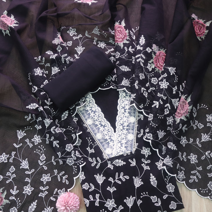 Rahi Deep Black All Over Thread Work with V Neck Kota Doria Suit Set