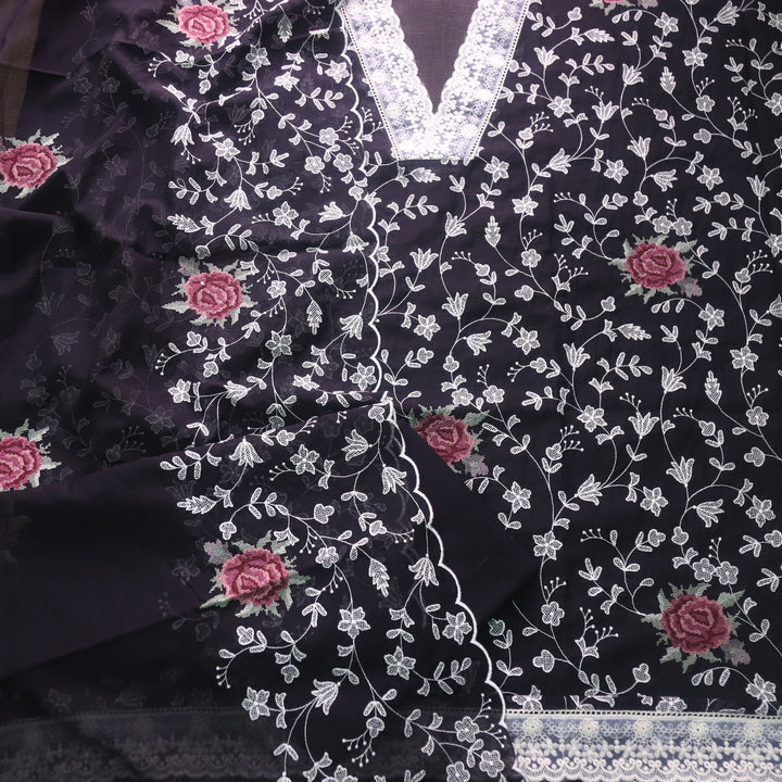 Rahi Deep Black All Over Thread Work with V Neck Kota Doria Suit Set