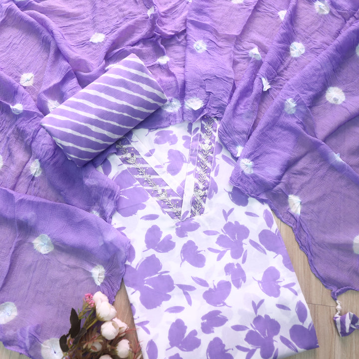 Rahi White with Lilac Floral Digital Print V Embellish Neck Cotton Suit Set D1