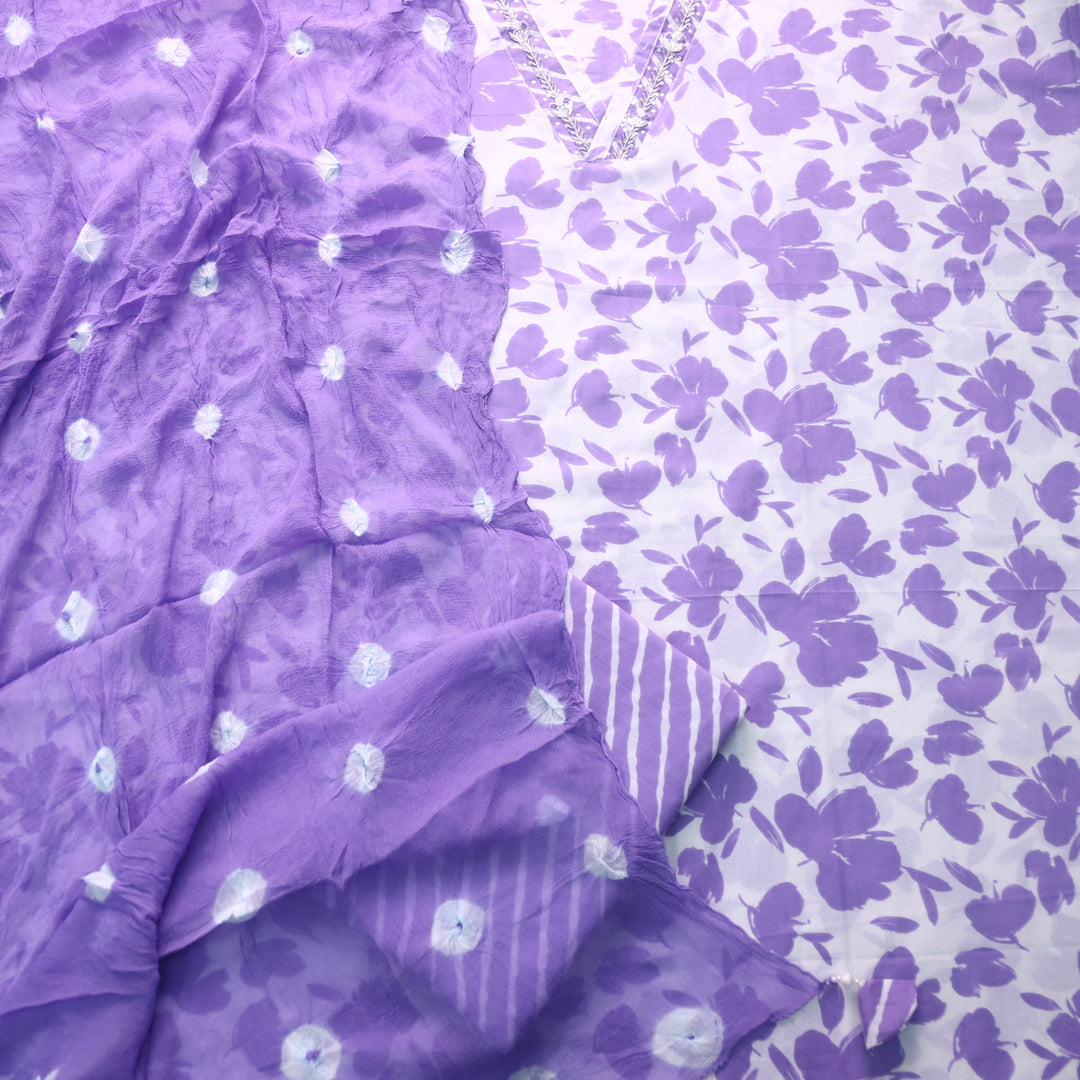 Rahi White with Lilac Floral Digital Print V Embellish Neck Cotton Suit Set D1