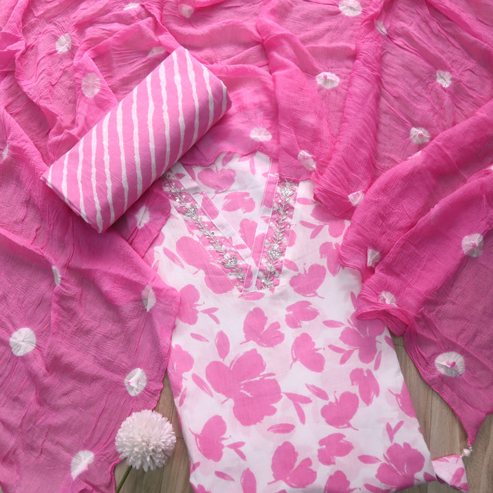 Rahi White with Pink Floral Digital Print V Embellish Neck Cotton Suit Set