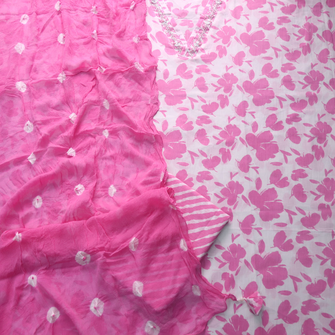 Rahi White with Pink Floral Digital Print V Embellish Neck Cotton Suit Set