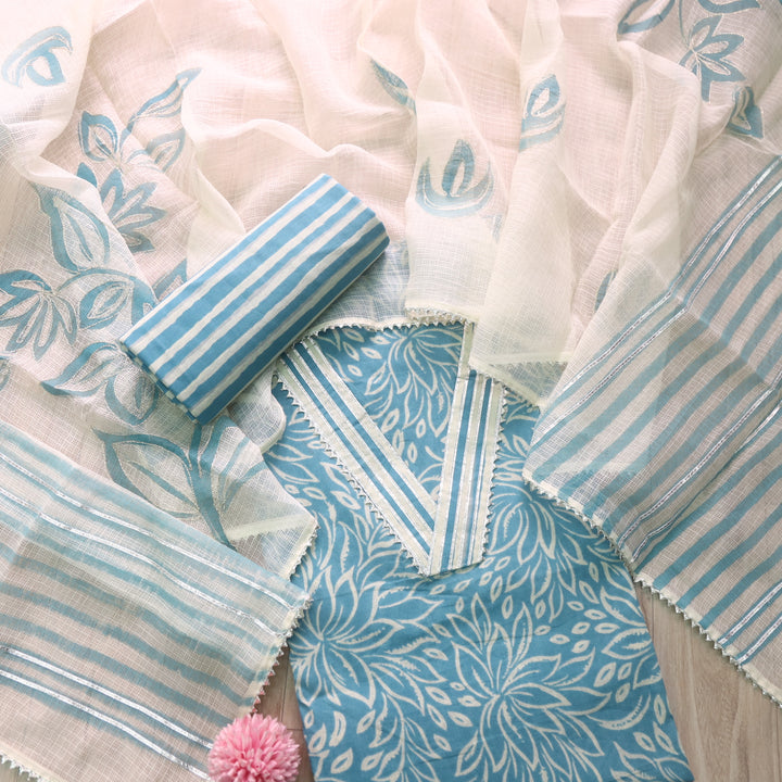 Rahi Cerulean Blue V Neck Lace Work Digital Printed Cotton Suit Set