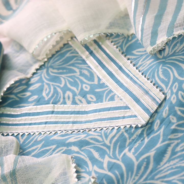 Rahi Cerulean Blue V Neck Lace Work Digital Printed Cotton Suit Set