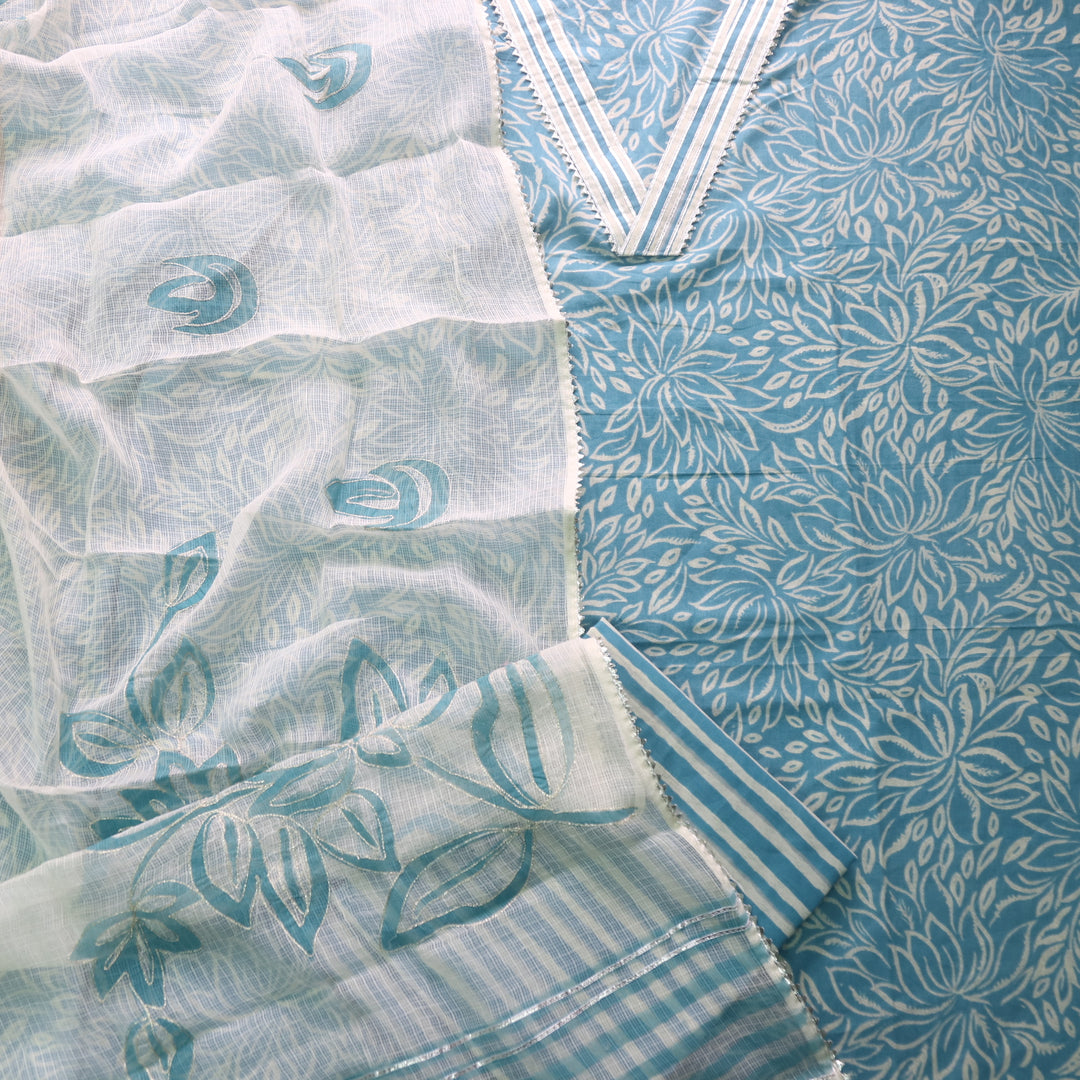 Rahi Cerulean Blue V Neck Lace Work Digital Printed Cotton Suit Set