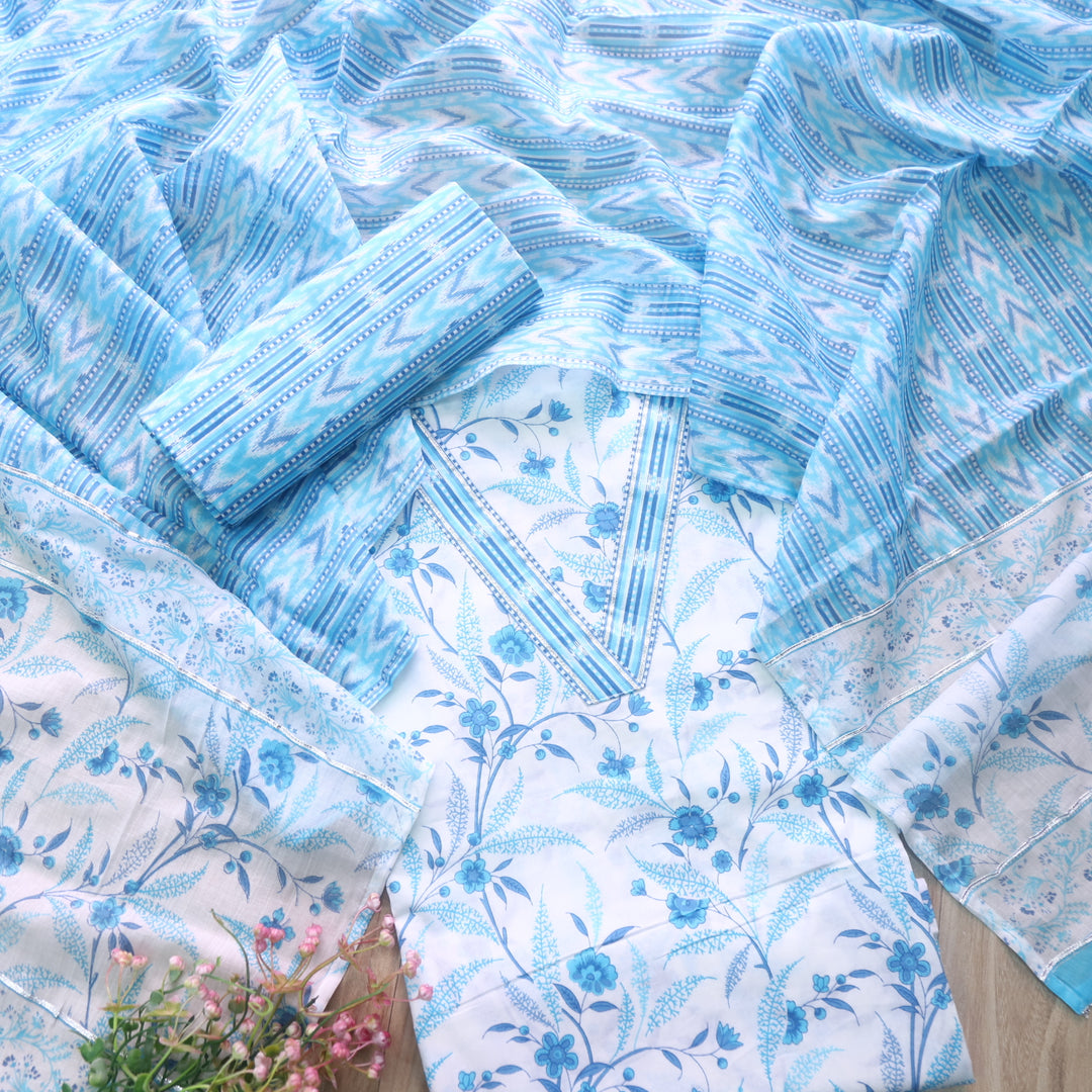 Rahi White With Blue Digital Floral Printed V Neck Cotton Suit Set