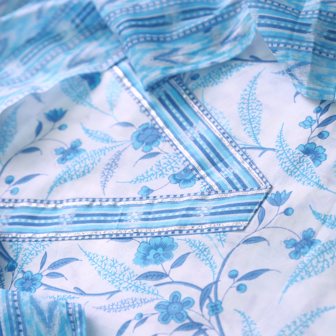 Rahi White With Blue Digital Floral Printed V Neck Cotton Suit Set