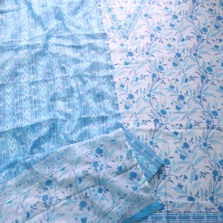 Rahi White With Blue Digital Floral Printed V Neck Cotton Suit Set