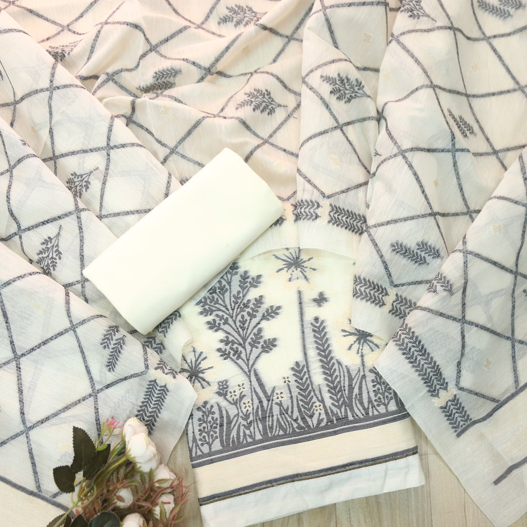 Jannat Cream White with Black Authentic Floral Jamdani Weaved Suit Set