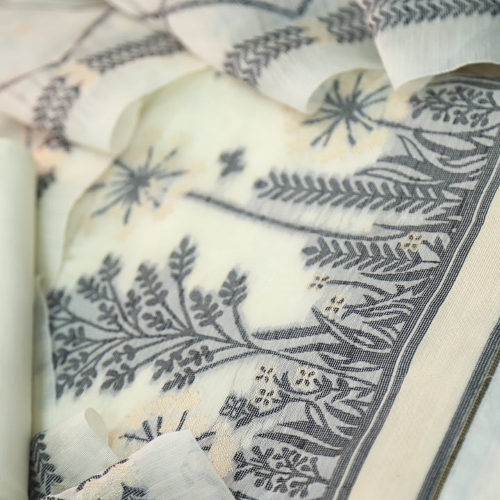 Jannat Cream White with Black Authentic Floral Jamdani Weaved Suit Set