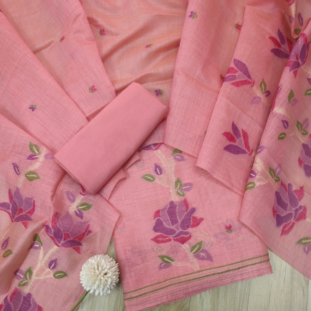 Jannat Pink with Purple Authentic Floral Jamdani Weaved Suit Set