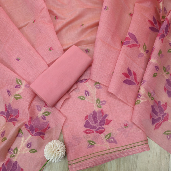 Jannat Pink with Purple Authentic Floral Jamdani Weaved Suit Set