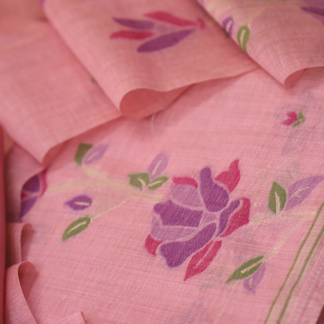 Jannat Pink with Purple Authentic Floral Jamdani Weaved Suit Set
