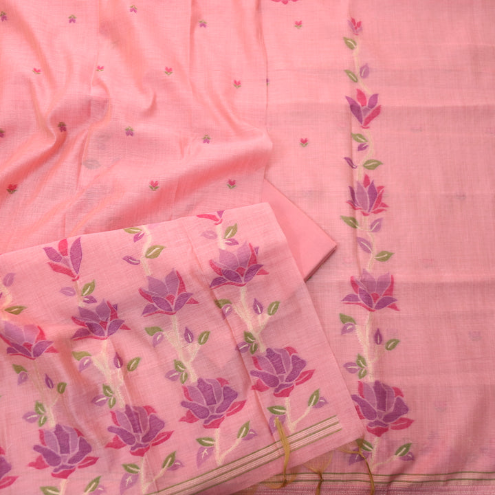Jannat Pink with Purple Authentic Floral Jamdani Weaved Suit Set