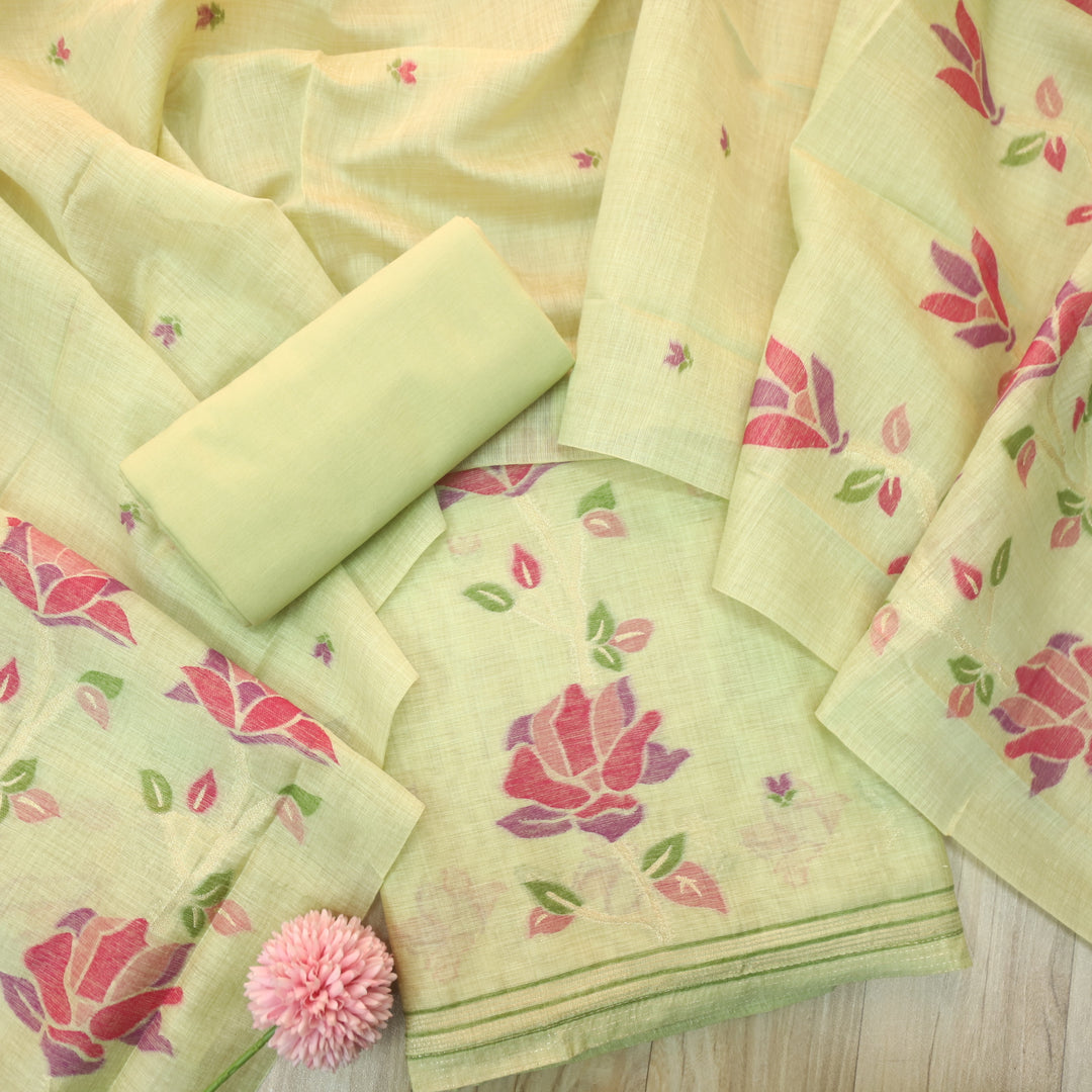 Jannat Green with Magenta Authentic Floral Jamdani Weaved Suit Set