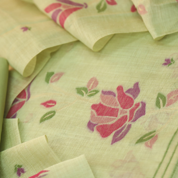 Jannat Green with Magenta Authentic Floral Jamdani Weaved Suit Set