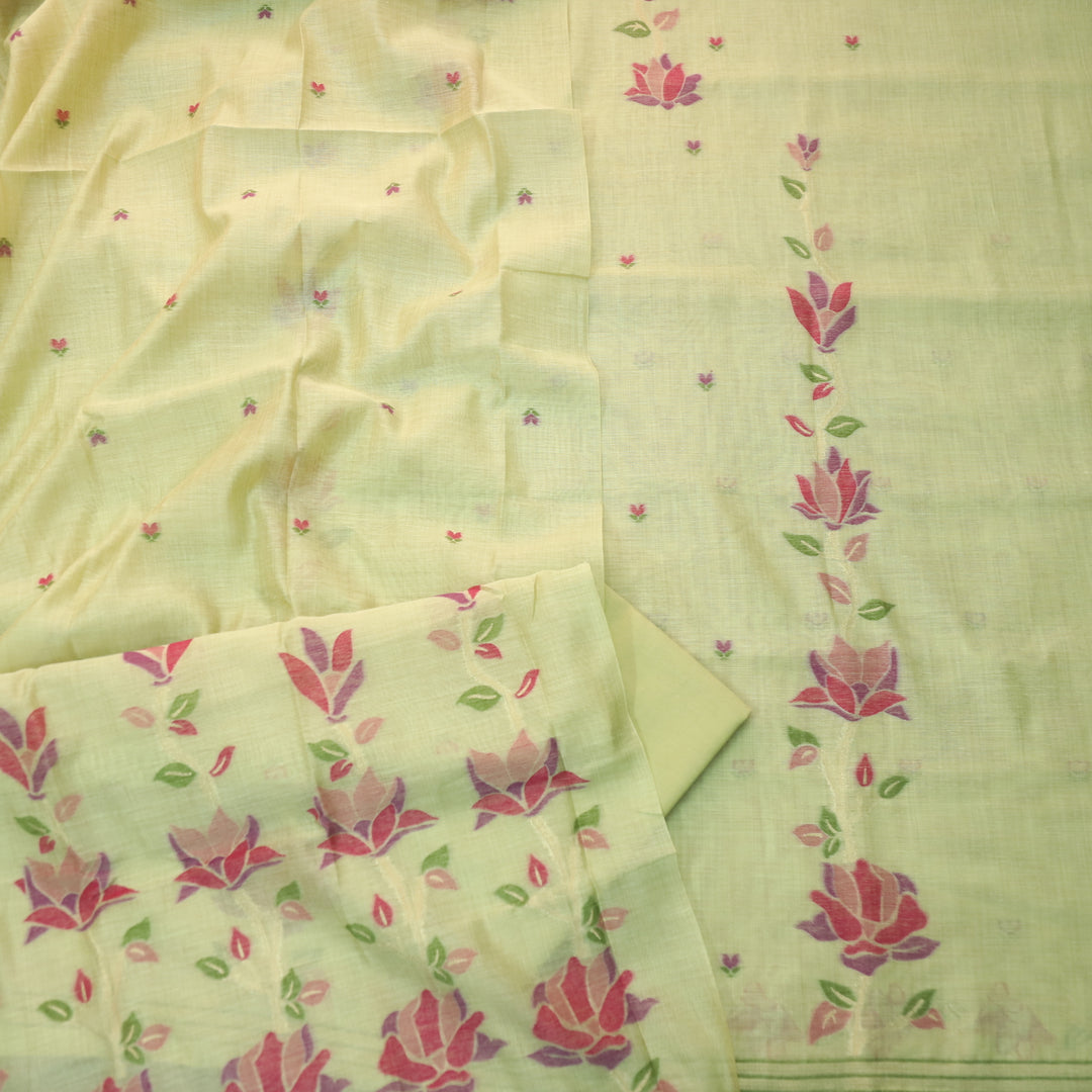 Jannat Green with Magenta Authentic Floral Jamdani Weaved Suit Set