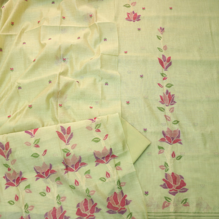 Jannat Green with Magenta Authentic Floral Jamdani Weaved Suit Set