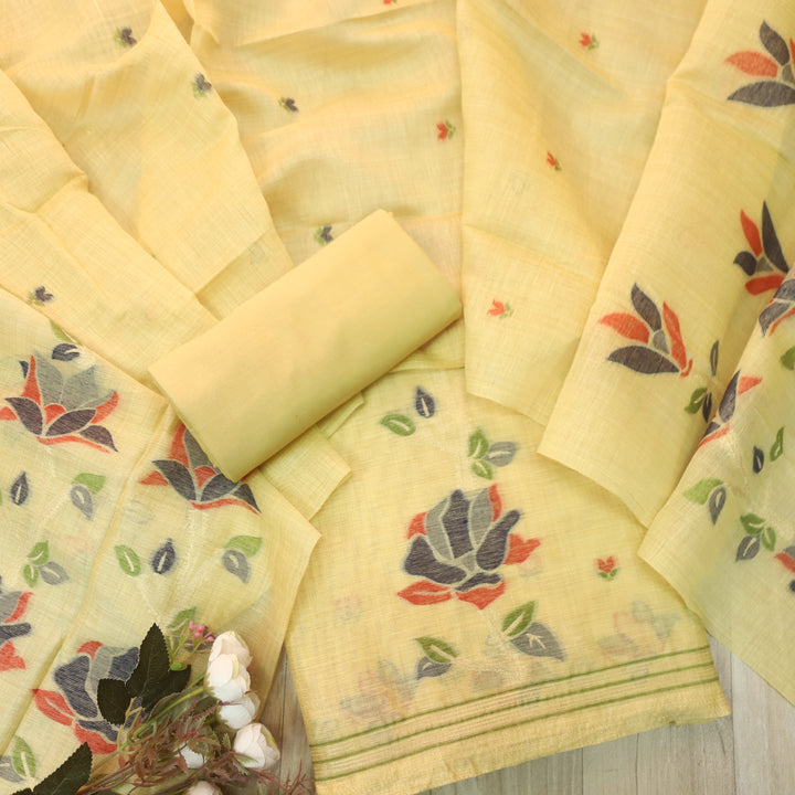 Jannat Yellow with Blue Authentic Floral Jamdani Weaved Suit Set
