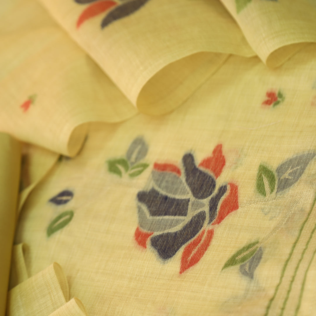 Jannat Yellow with Blue Authentic Floral Jamdani Weaved Suit Set