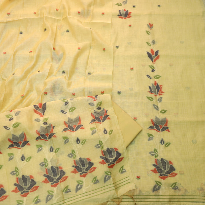 Jannat Yellow with Blue Authentic Floral Jamdani Weaved Suit Set