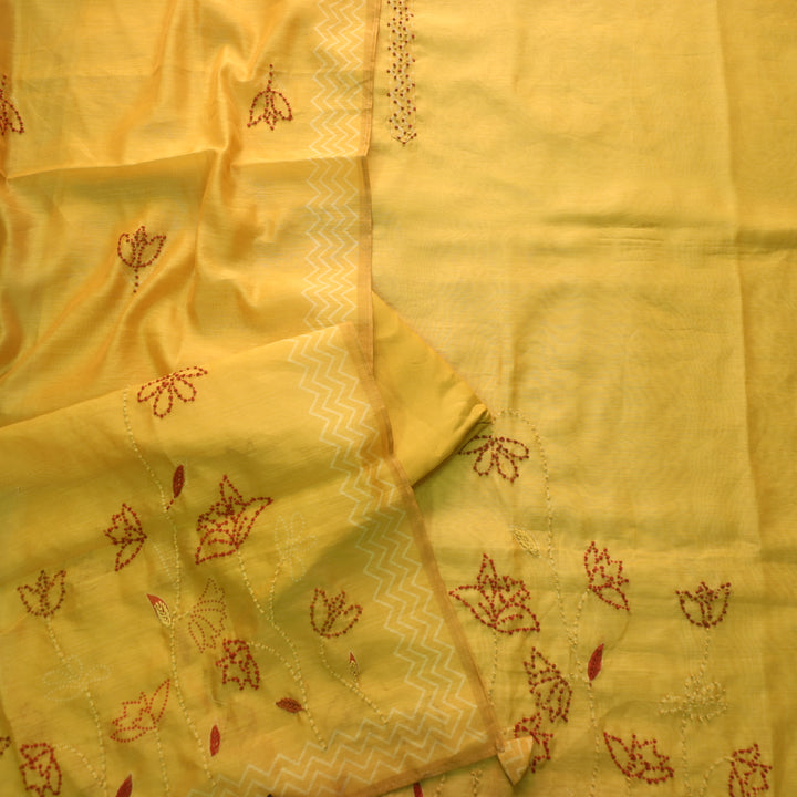 Tarasi Pickle Yellow French Knot Thread Work Chanderi Suit Set