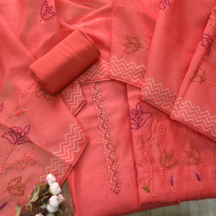 Tarasi Crimson Red French Knot Thread Work Chanderi Suit Set