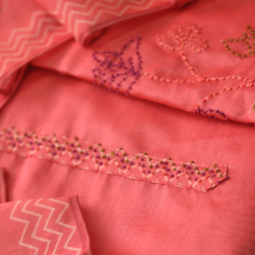 Tarasi Crimson Red French Knot Thread Work Chanderi Suit Set