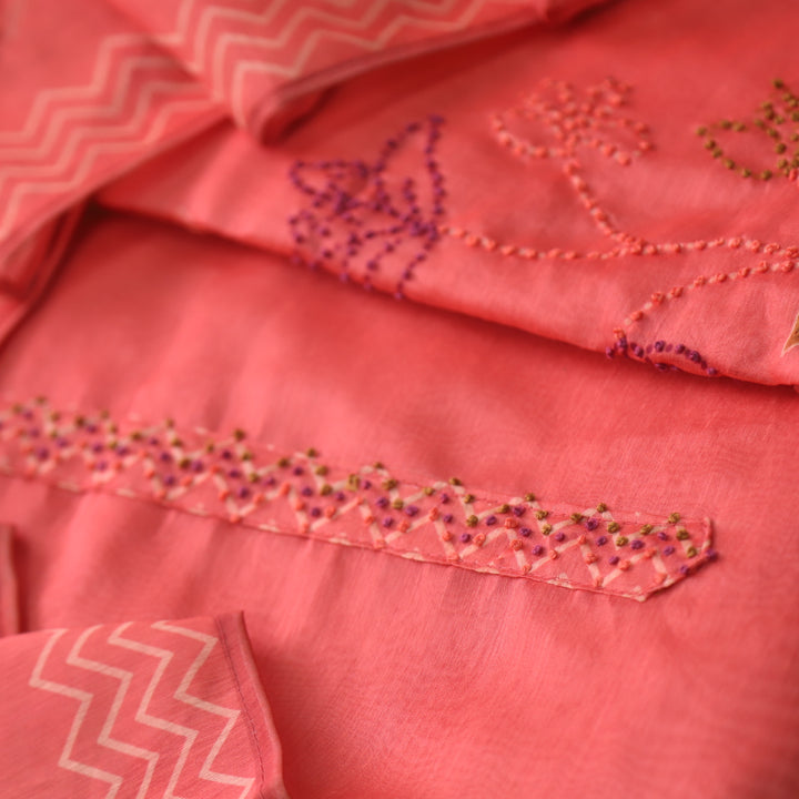 Tarasi Crimson Red French Knot Thread Work Chanderi Suit Set