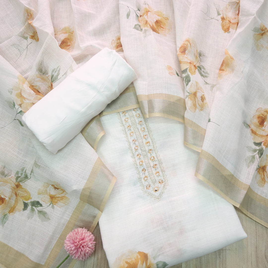 Tarasi White with Yellow Floral Print with Spiral Work Cotton Linen Suit Set