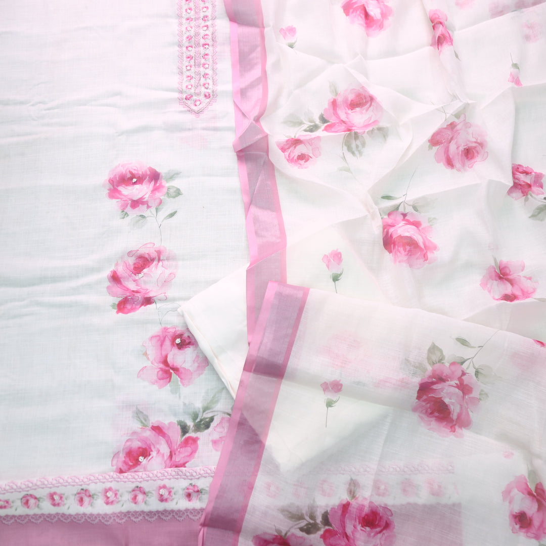 Tarasi White with Pink Floral Print with Spiral Work Cotton Linen Suit Set