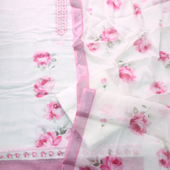 Tarasi White with Pink Floral Print with Spiral Work Cotton Linen Suit Set