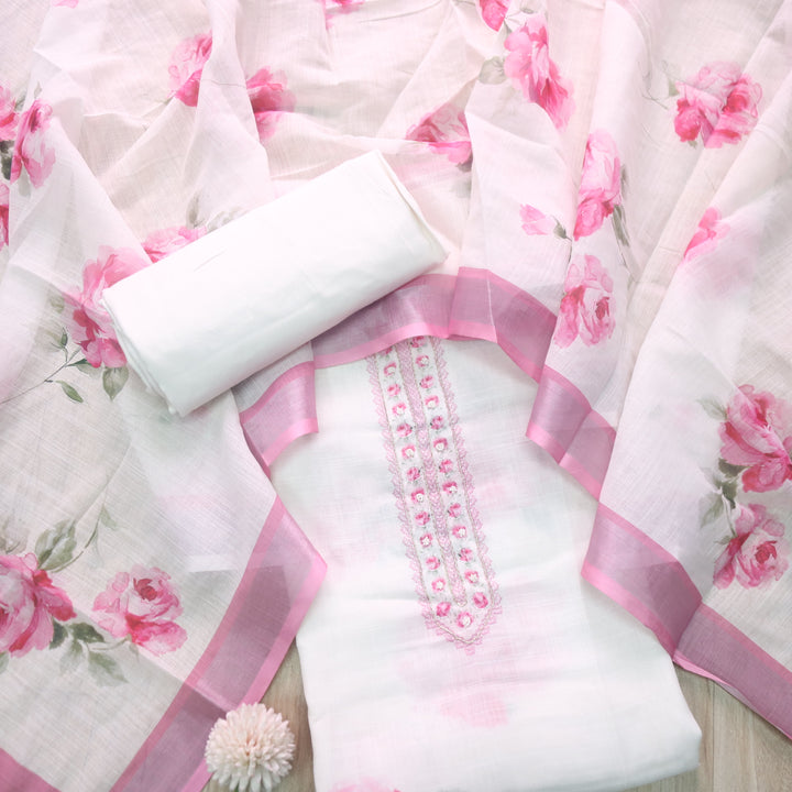 Tarasi White with Pink Floral Print with Spiral Work Cotton Linen Suit Set