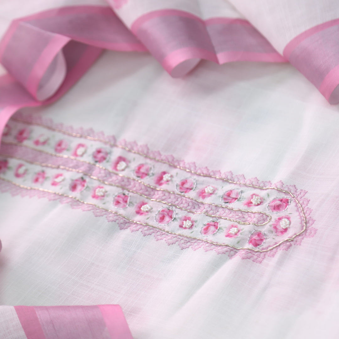Tarasi White with Pink Floral Print with Spiral Work Cotton Linen Suit Set