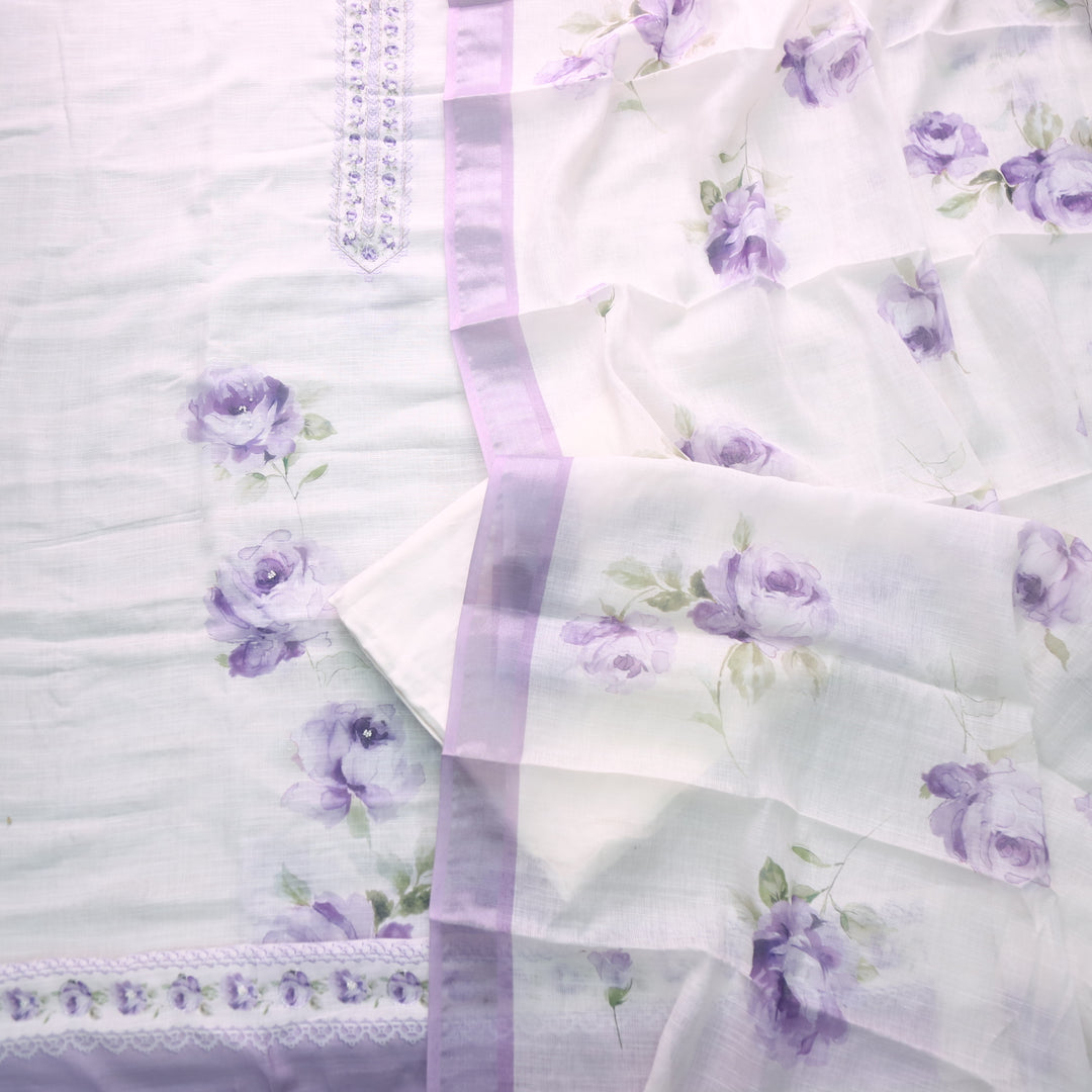 Tarasi White with Purple Floral Print with Spiral Work Cotton Linen Suit Set