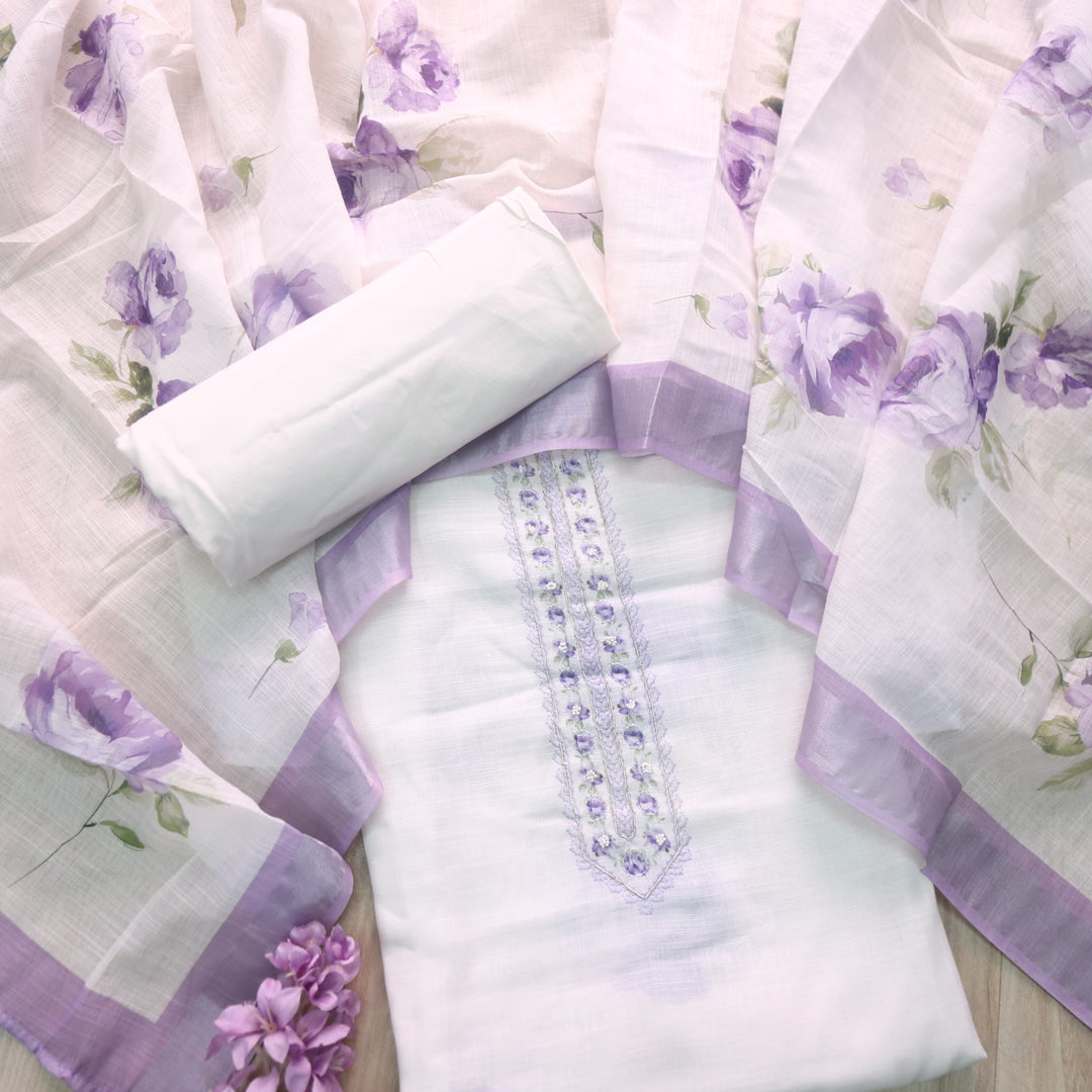 Tarasi White with Purple Floral Print with Spiral Work Cotton Linen Suit Set