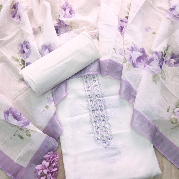 Tarasi White with Purple Floral Print with Spiral Work Cotton Linen Suit Set