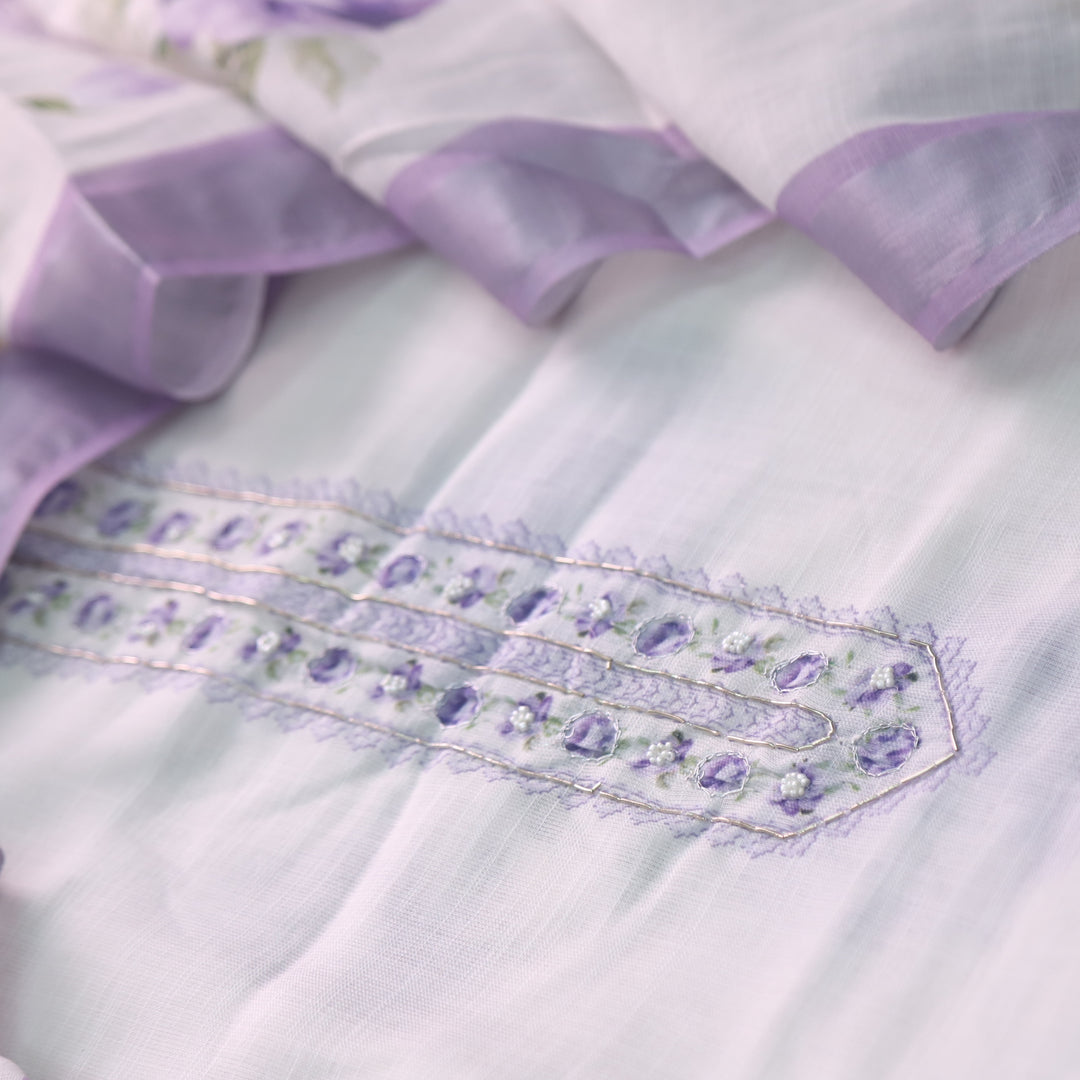Tarasi White with Purple Floral Print with Spiral Work Cotton Linen Suit Set